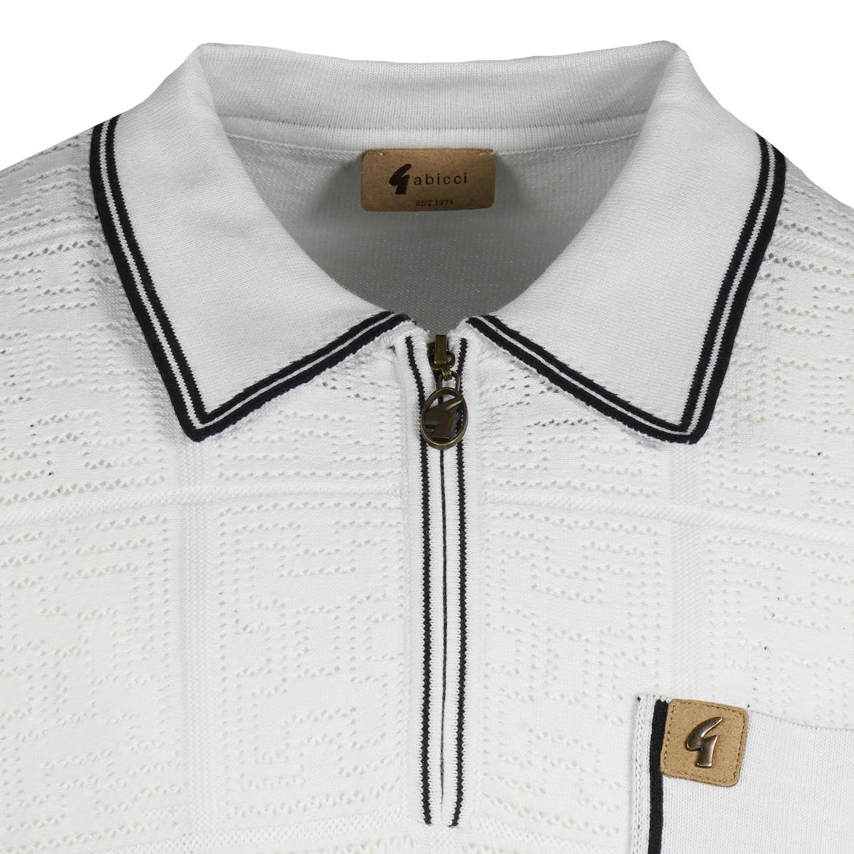 Gabicci Vintage Fine Pointelle Knit Zip Neck Polo White
