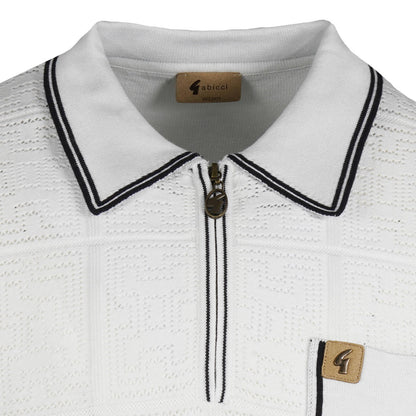 Gabicci Vintage Fine Pointelle Knit Zip Neck Polo White