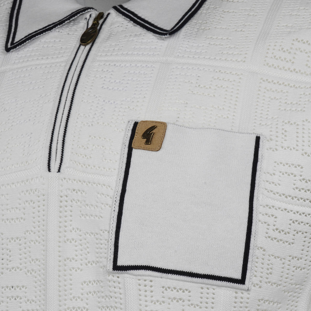 Gabicci Vintage Fine Pointelle Knit Zip Neck Polo White