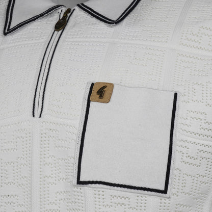 Gabicci Vintage Fine Pointelle Knit Zip Neck Polo White