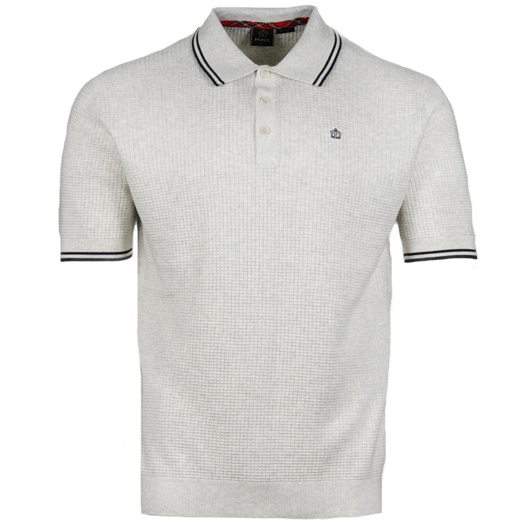 Merc London Fine Knit Waffle Tipped Collar Polo Shirt Cream Marl