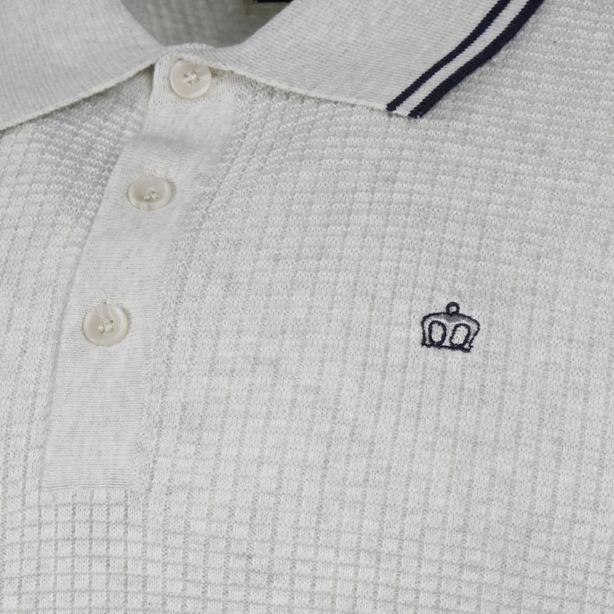 Merc London Fine Knit Waffle Tipped Collar Polo Shirt Cream Marl