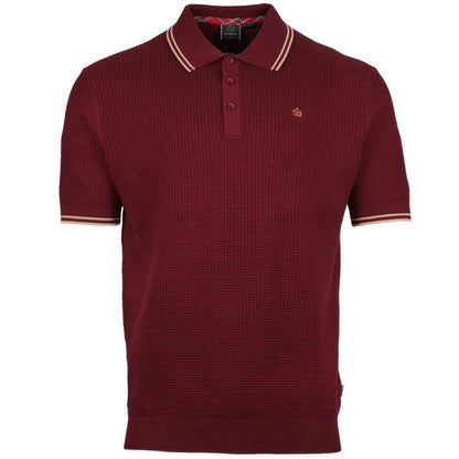 Merc London Fine Knit Waffle Tipped Collar Polo Shirt Wine