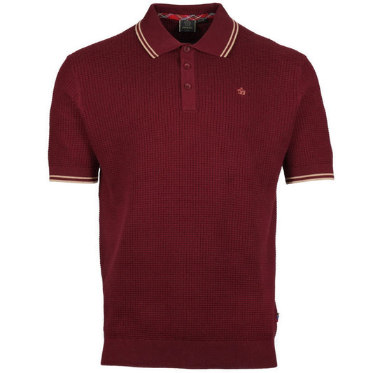 Merc London Fine Knit Waffle Tipped Collar Polo Shirt Wine