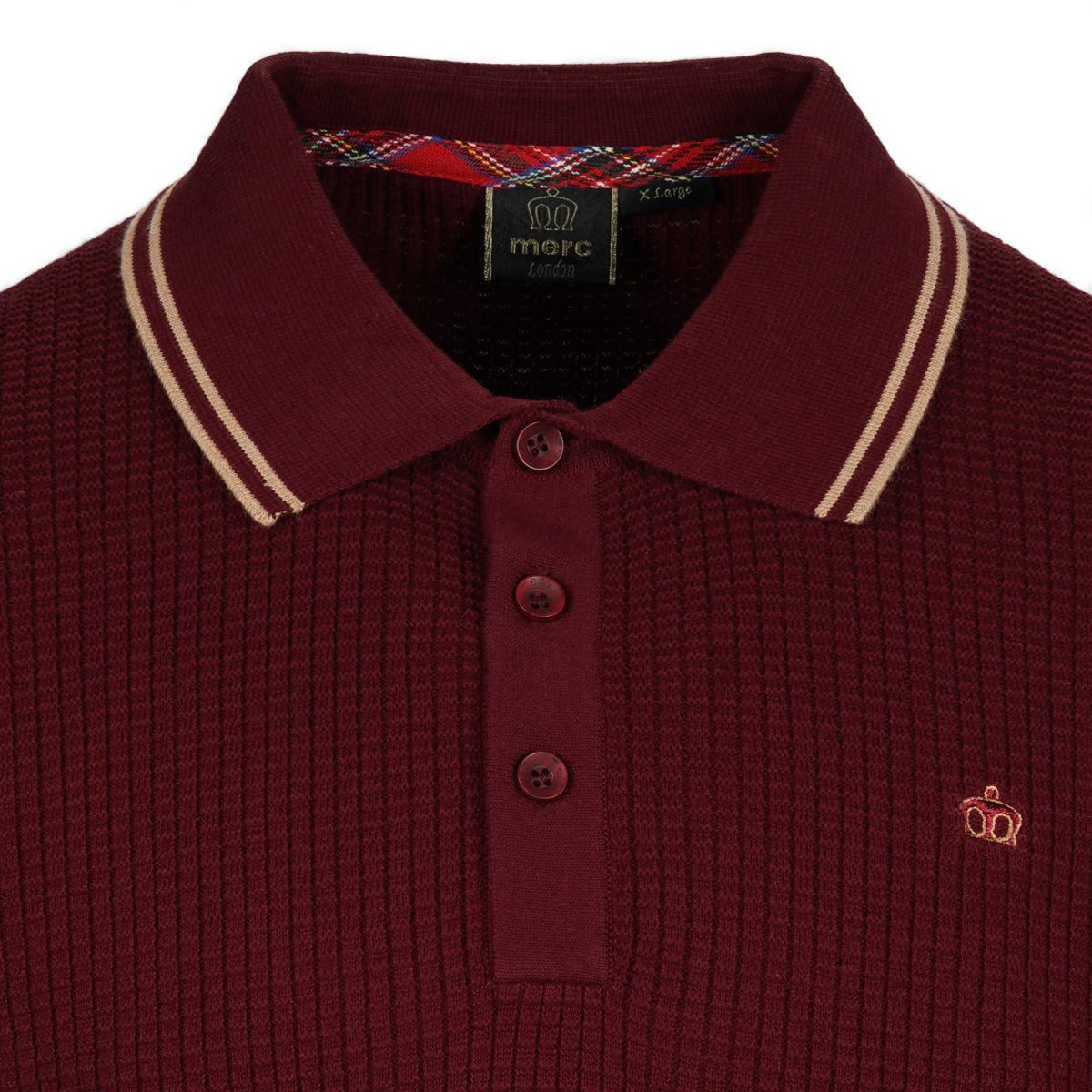 Merc London Fine Knit Waffle Tipped Collar Polo Shirt Wine