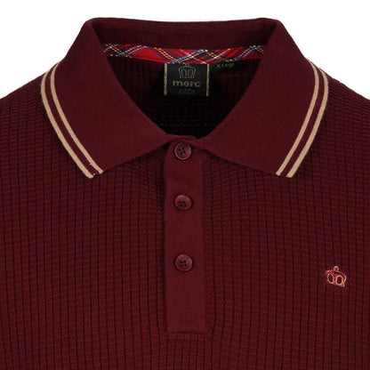Merc London Fine Knit Waffle Tipped Collar Polo Shirt Wine