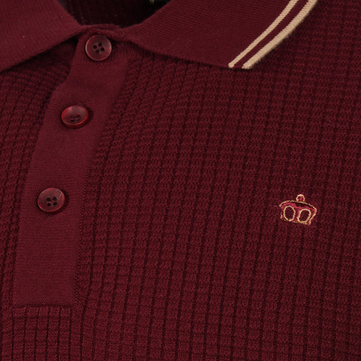Merc London Fine Knit Waffle Tipped Collar Polo Shirt Wine