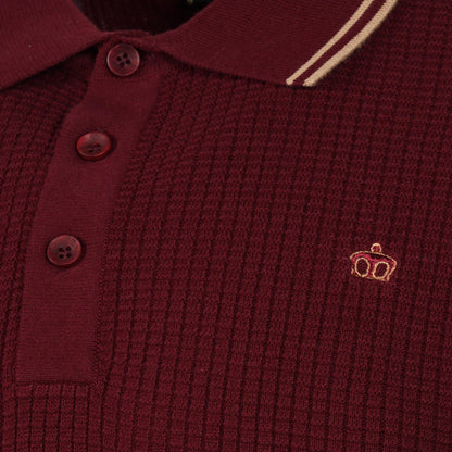 Merc London Fine Knit Waffle Tipped Collar Polo Shirt Wine