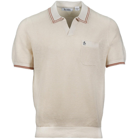 Original Penguin Mid Gauge Waffle Open Collar Knit Polo Oat