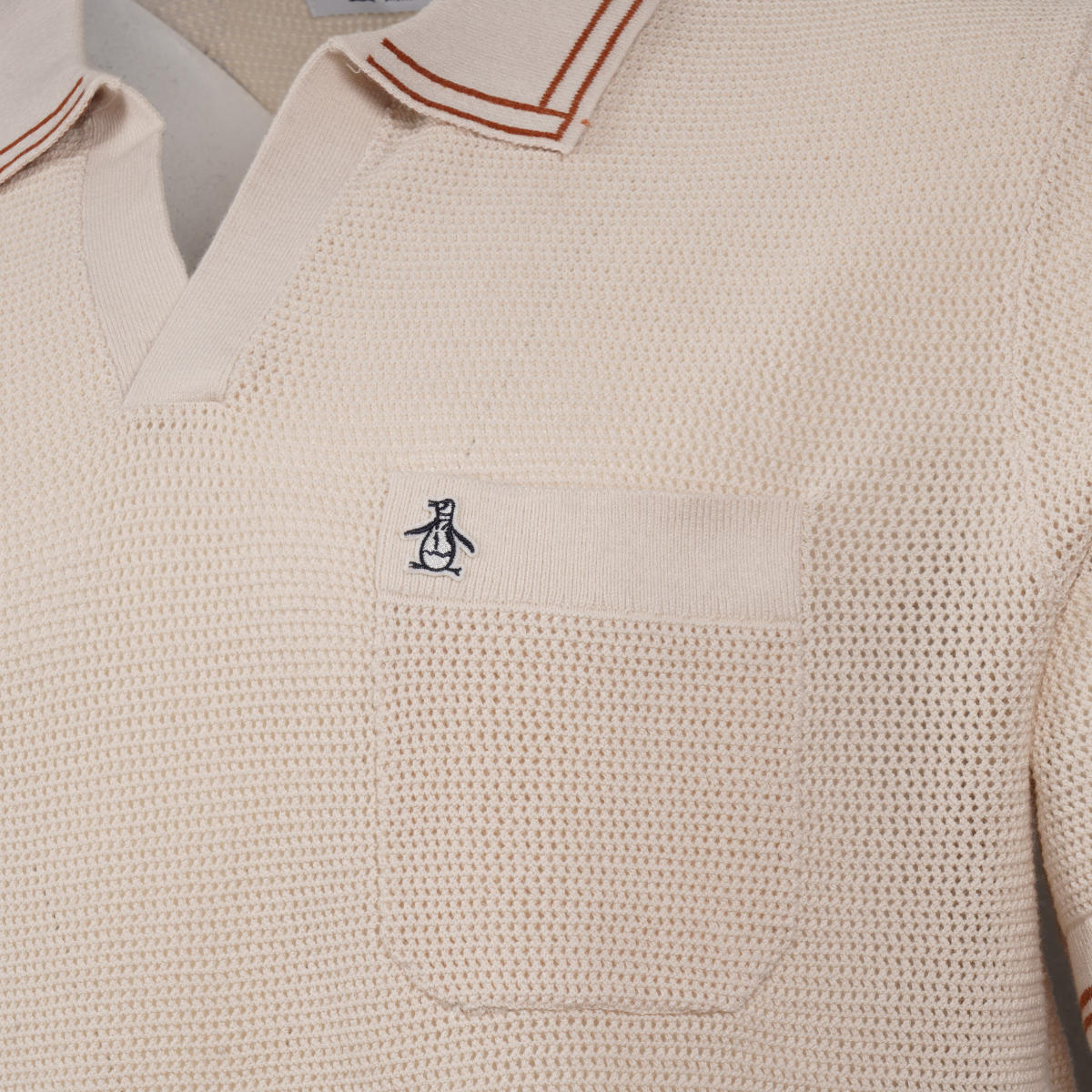 Original Penguin Mid Gauge Waffle Open Collar Knit Polo Oat