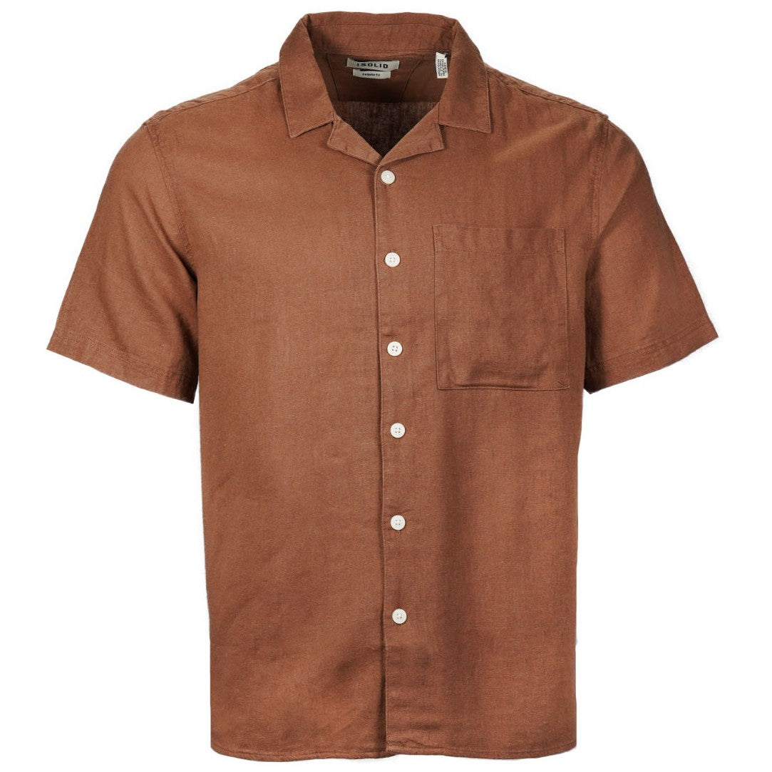 Solid Revere Camp Collar Linen Viscose Mix Shirt Light Brown