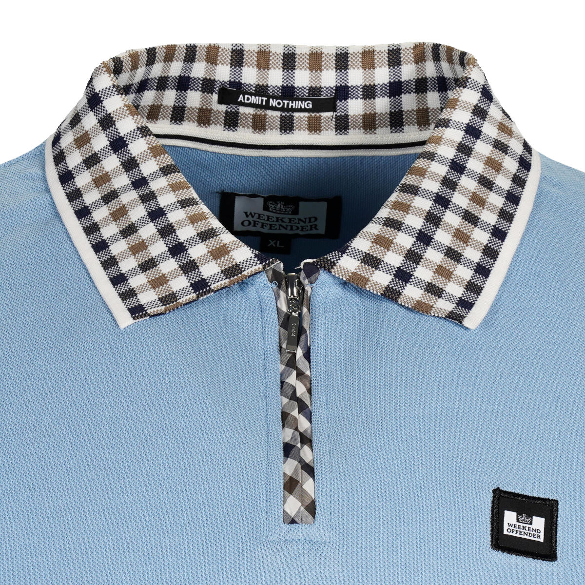 Weekend Offender House Check Trim Zip Polo Shirt Blue