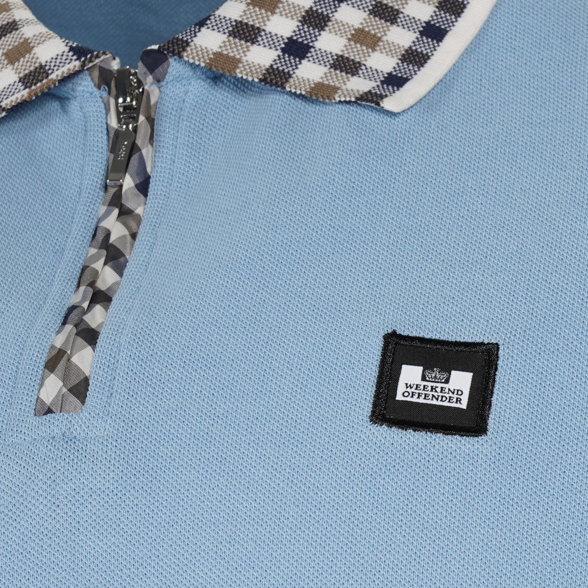 Weekend Offender House Check Trim Zip Polo Shirt Blue