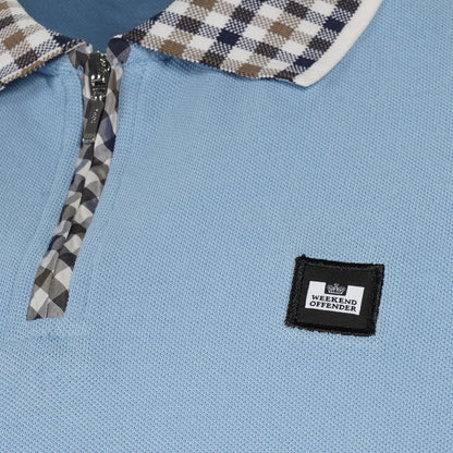 Weekend Offender House Check Trim Zip Polo Shirt Blue