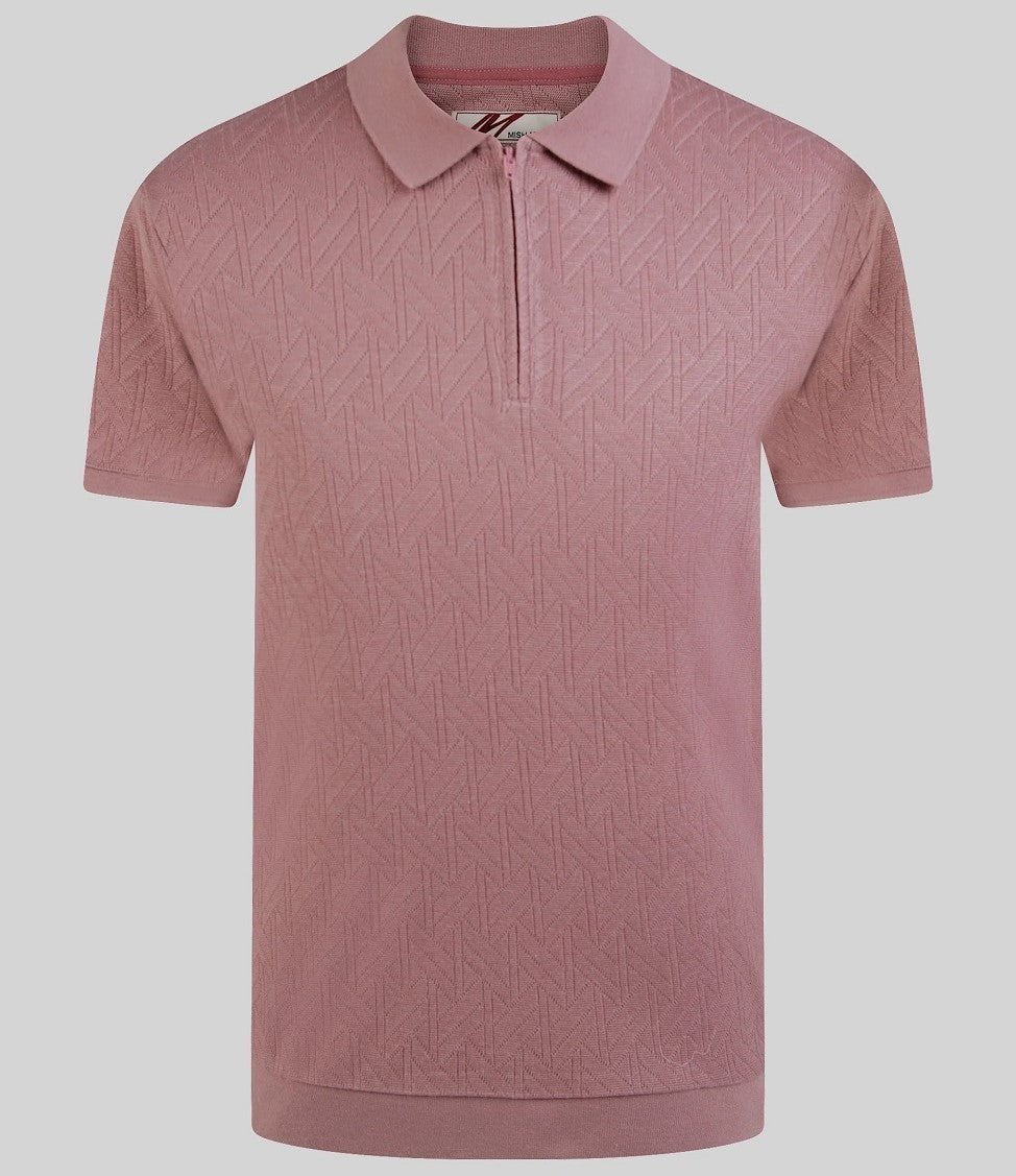 Mish Mash Texture Fine Knit Zip Neck Polo Dusty Pink