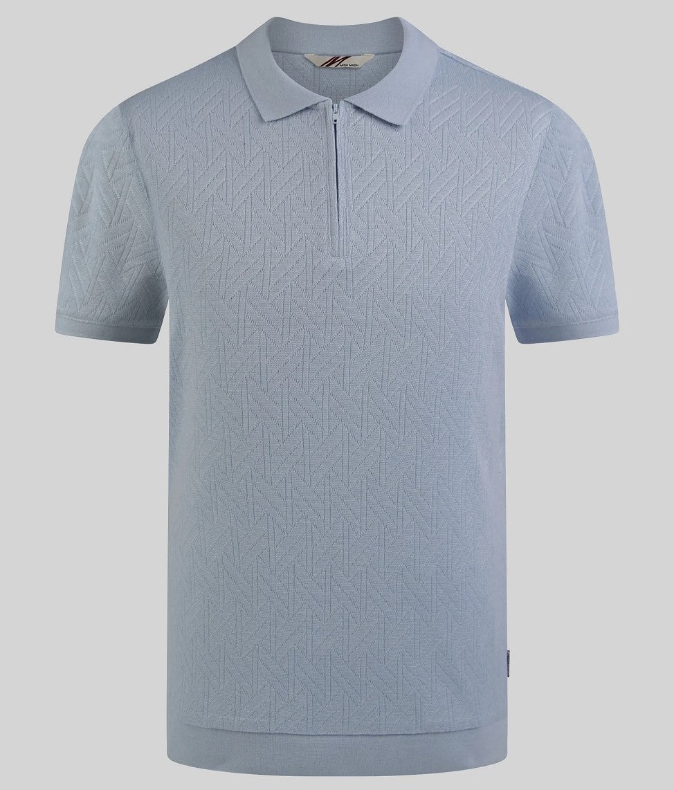 Mish Mash Texture Fine Knit Zip Neck Polo Sky