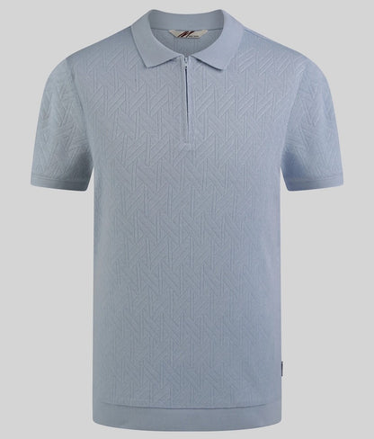Mish Mash Texture Fine Knit Zip Neck Polo Sky