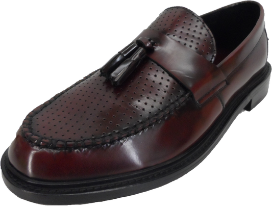 Ikon Original Quad Punch Leather Tassel Loafers in Oxblood Rub Off