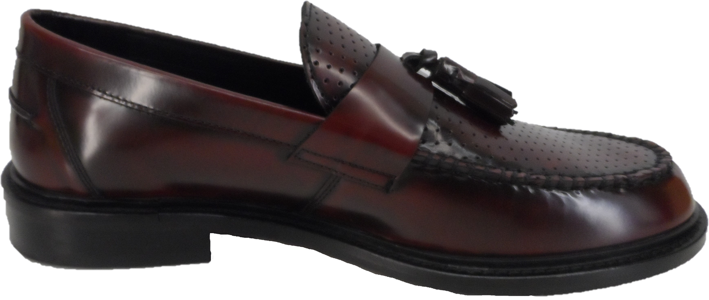 Ikon Original Quad Punch Leather Tassel Loafers in Oxblood Rub Off