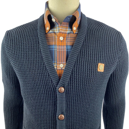 Trojan Records Waffle Knit Football Buttons Cardigan Navy