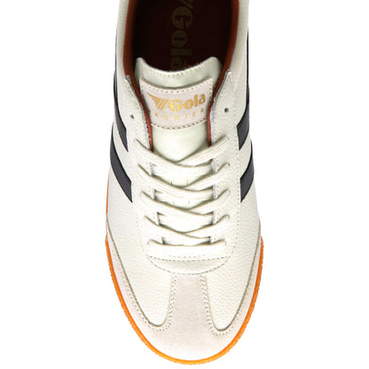 Gola Harrier Classic Twin Stripe Tumbled Leather Trainer Off Wht / Blk / Rust