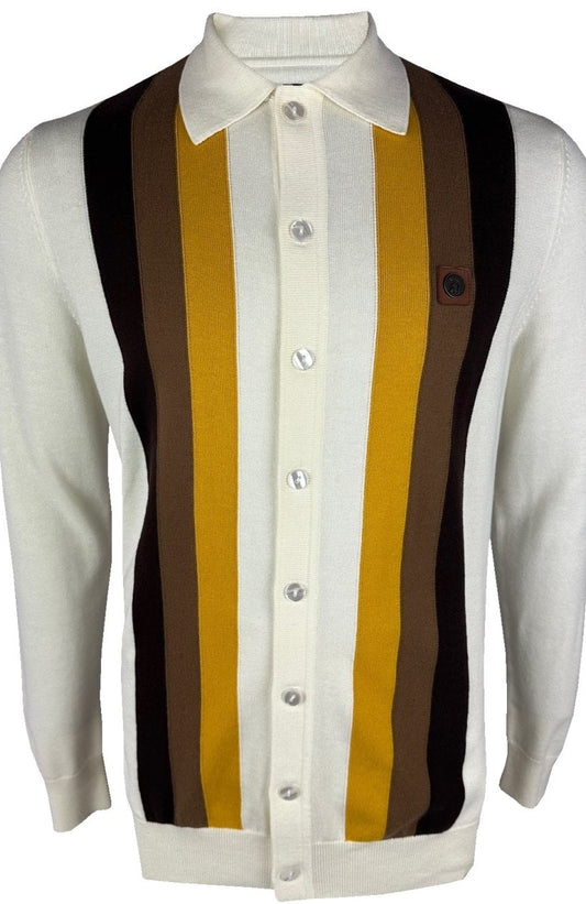 Trojan Records Fine Gauge Knit Button Through Cardigan Ecru