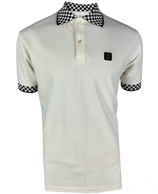 Trojan Records Chequerboard Trim Pique Polo Ecru