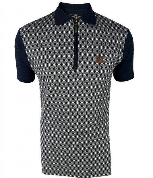 Trojan Records Diamond Jacquard Panel Zip Polo Navy