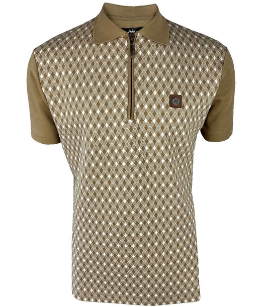 Trojan Records Diamond Jacquard Panel Zip Polo Camel