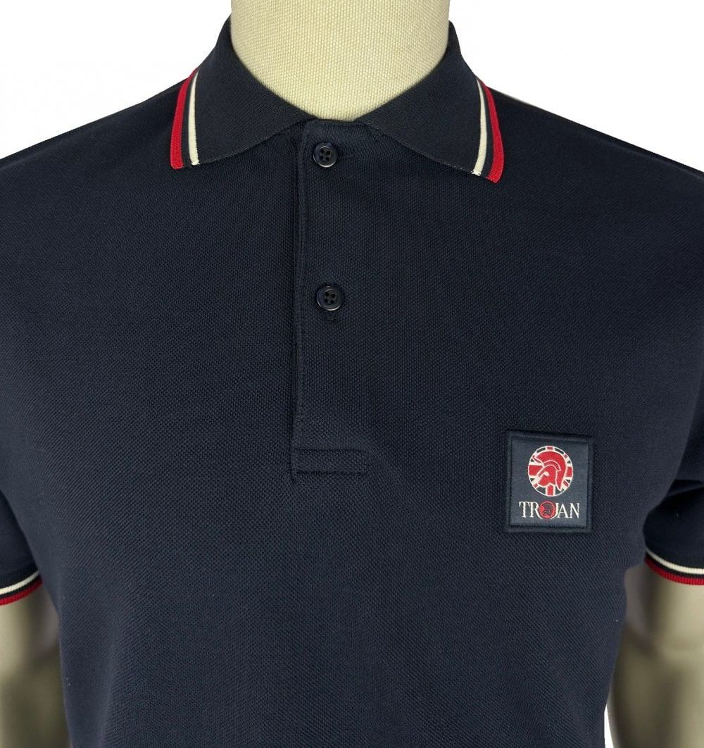 Trojan Records Flag Badge Pique Polo Shirt Navy