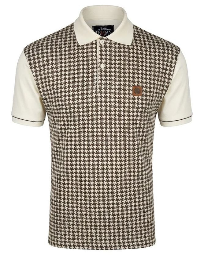 Trojan Records Houndstooth Panel Polo Shirt Ecru