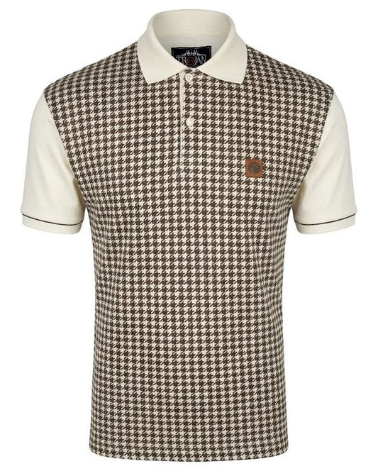 Trojan Records Houndstooth Panel Polo Shirt Ecru