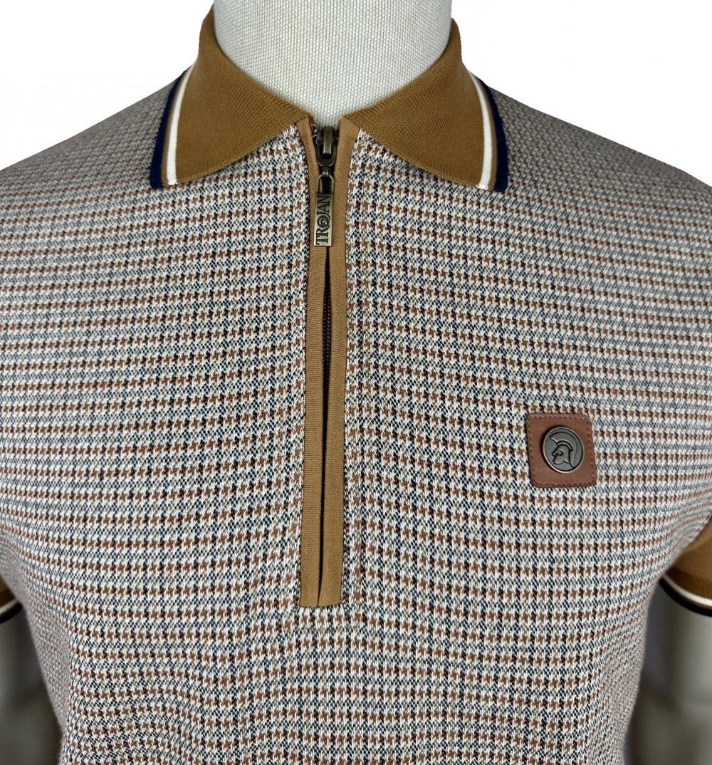 Trojan Records Houndstooth Panel Zip Polo Shirt Tan