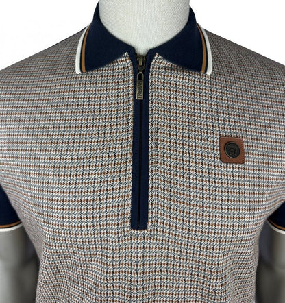 Trojan Records Houndstooth Panel Zip Polo Shirt Navy