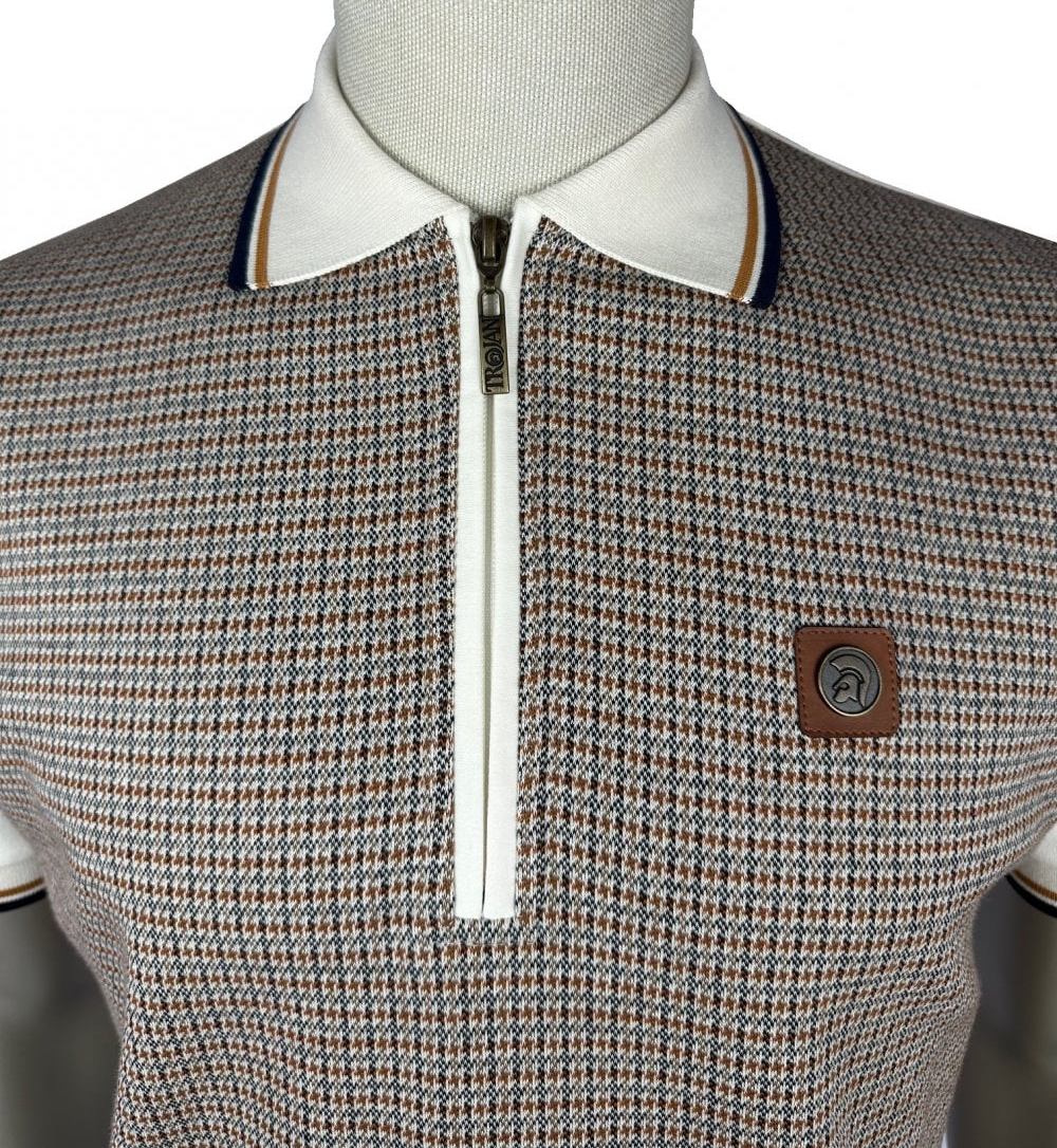 Trojan Records Houndstooth Panel Zip Polo Shirt Ecru