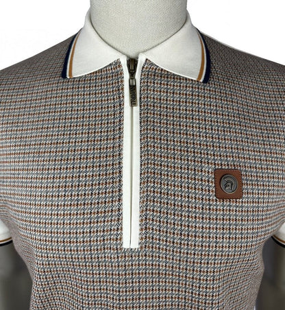 Trojan Records Houndstooth Panel Zip Polo Shirt Ecru