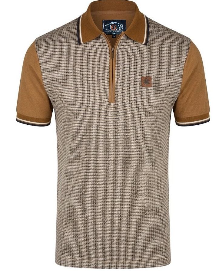 Trojan Records Houndstooth Panel Zip Polo Shirt Tan
