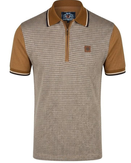 Trojan Records Houndstooth Panel Zip Polo Shirt Tan