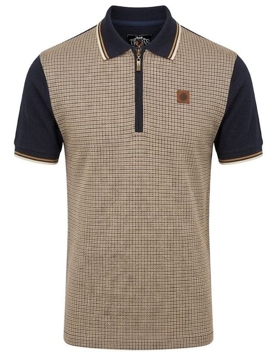 Trojan Records Houndstooth Panel Zip Polo Shirt Navy