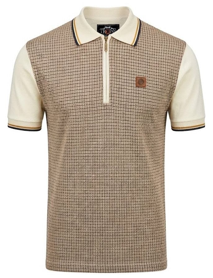 Trojan Records Houndstooth Panel Zip Polo Shirt Ecru