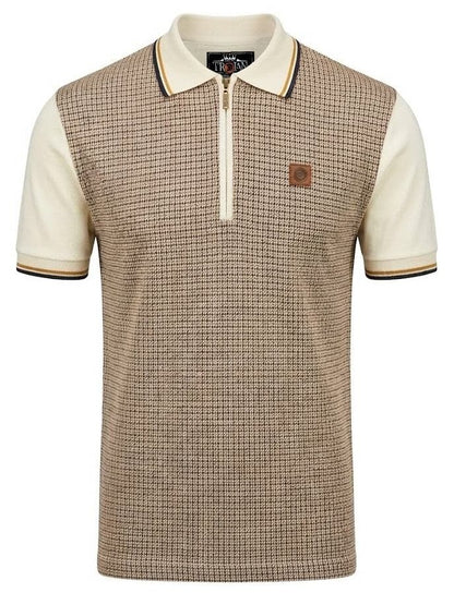 Trojan Records Houndstooth Panel Zip Polo Shirt Ecru