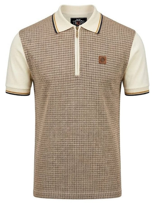Trojan Records Houndstooth Panel Zip Polo Shirt Ecru