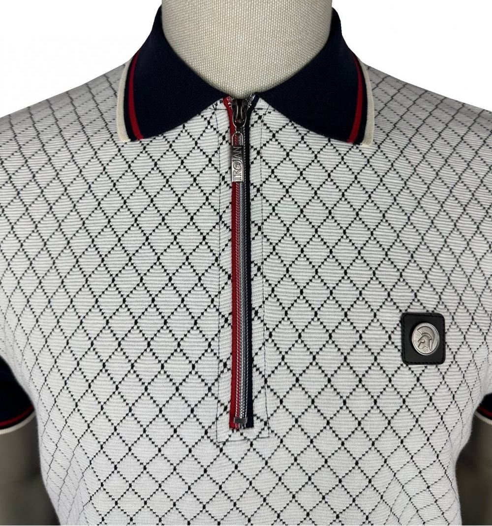 Trojan Records Ottoman Rib Jacquard Zip Polo Shirt Navy
