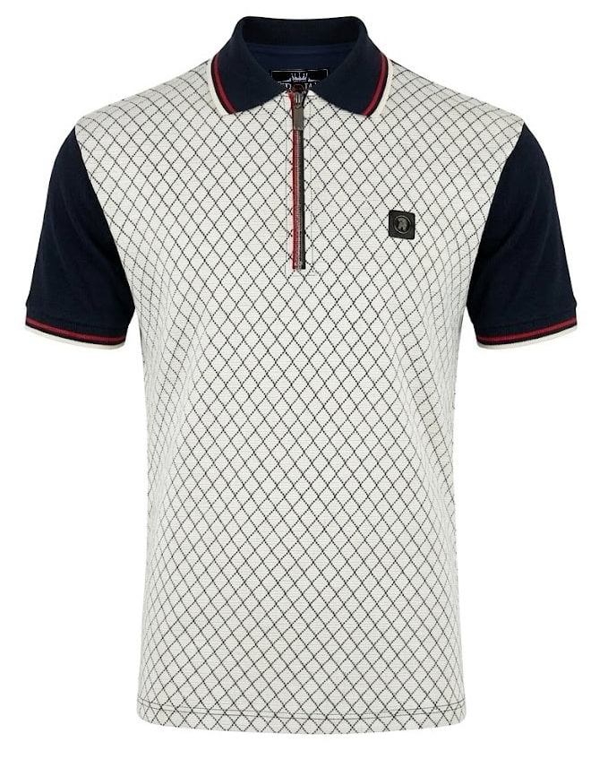 Trojan Records Ottoman Rib Jacquard Zip Polo Shirt Navy