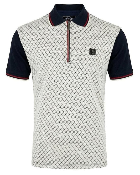Trojan Records Ottoman Rib Jacquard Zip Polo Shirt Navy