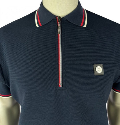 Trojan Records Ottoman Rib Zip Polo Shirt Navy