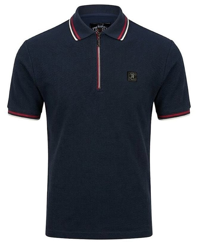 Trojan Records Ottoman Rib Zip Polo Shirt Navy