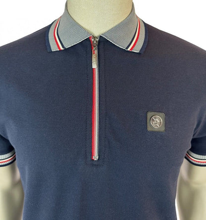 Trojan Records Oxford Collar Pique Zip Polo Shirt Navy