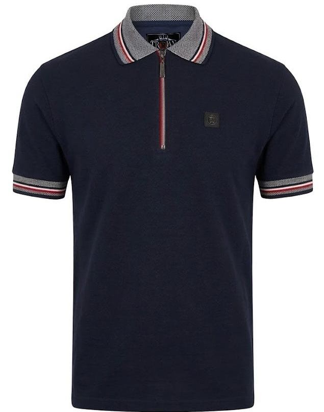 Trojan Records Oxford Collar Pique Zip Polo Shirt Navy