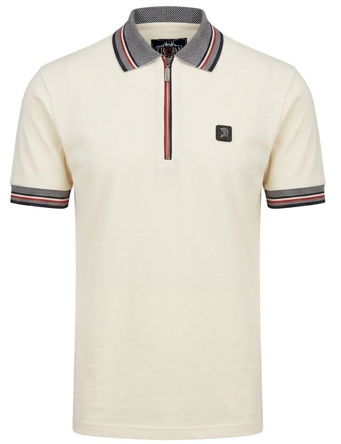 Trojan Records Oxford Collar Pique Zip Polo Shirt Ecru